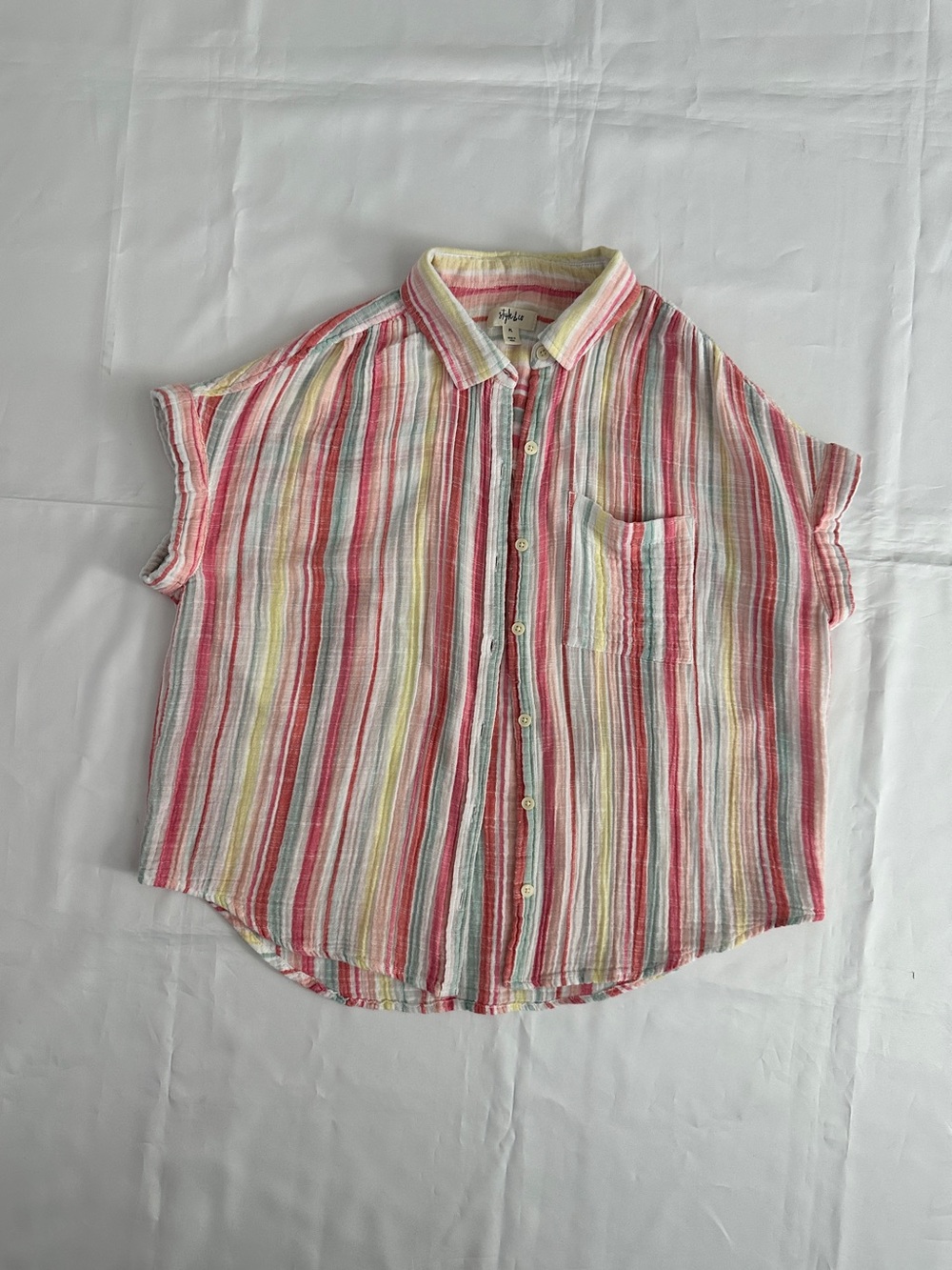 Style & Co Women’s Striped Gauze Button Up Shirt Pastel Cotton Top Size PL